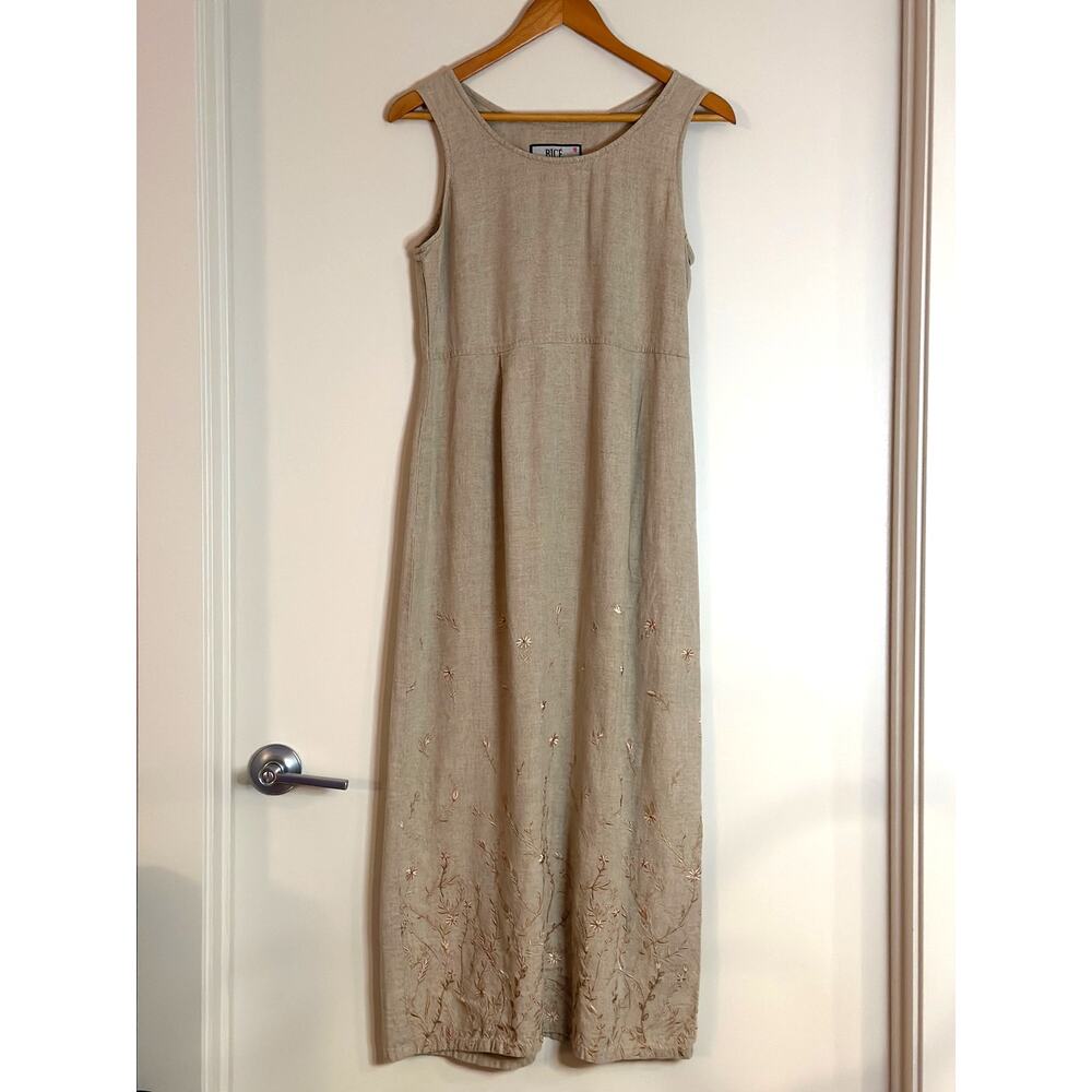 Vintage Bice by Sag Harbor Small Linen Rayon Beaded Beige Nude Maxi Tank Dress